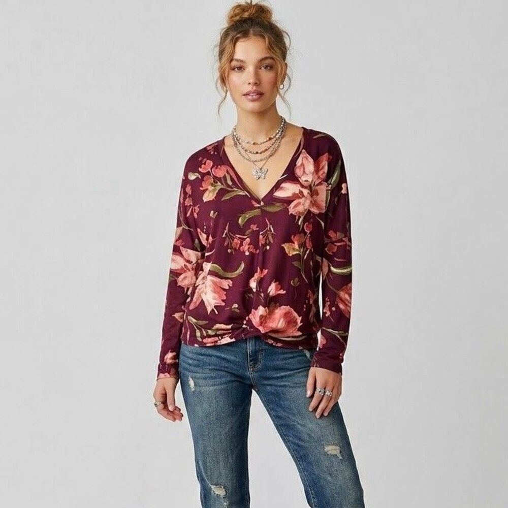 Whimsigoth Dark Floral Blouse Plum Burgundy V-Neck Twist Knot Front Top Small